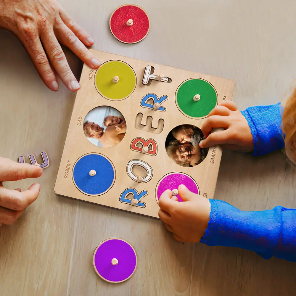 Children playing with a wooden puzzle board on a wooden surface