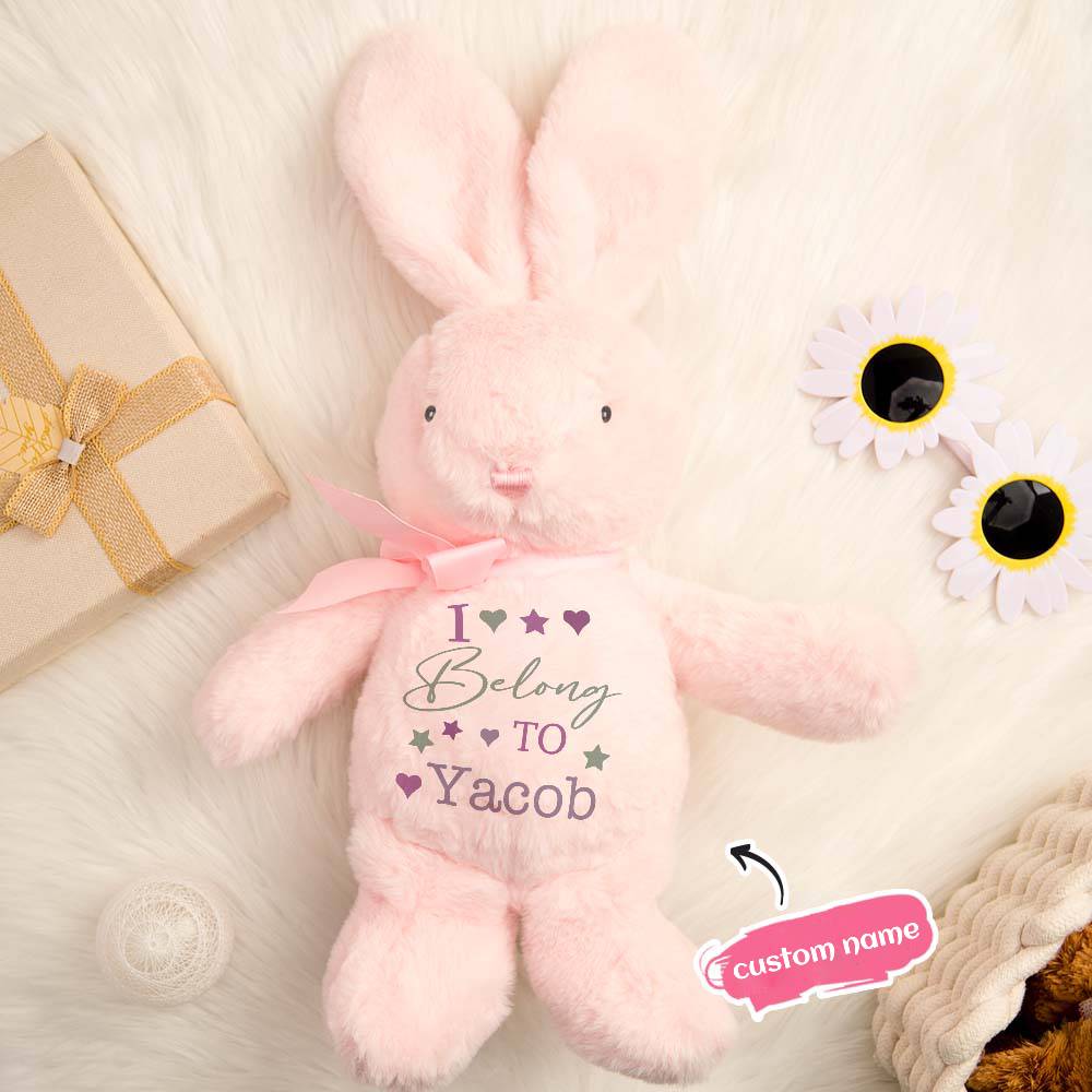 Pink plush bunny with 'I Belong To Yacob' text on a soft surface with a gift and flowers.