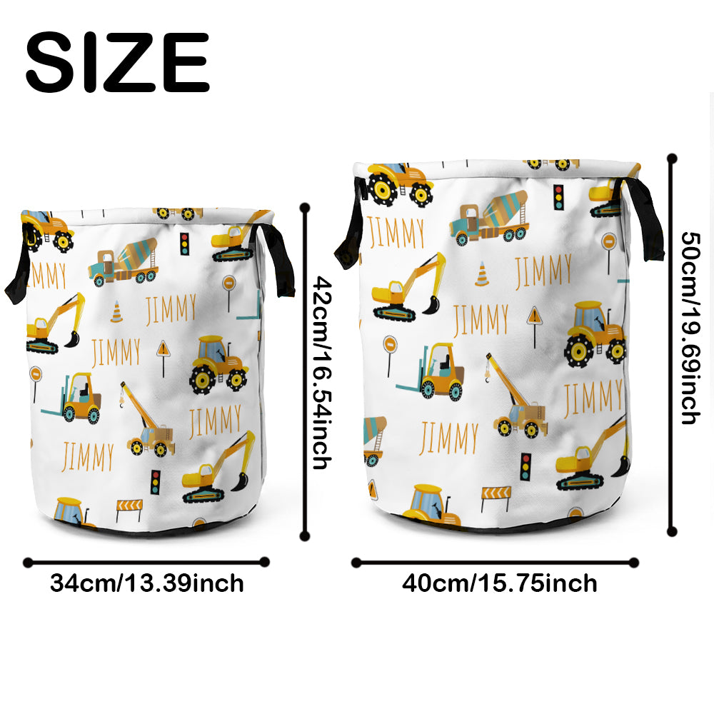 White drawstring bag with construction vehicle pattern and size measurements on a white background