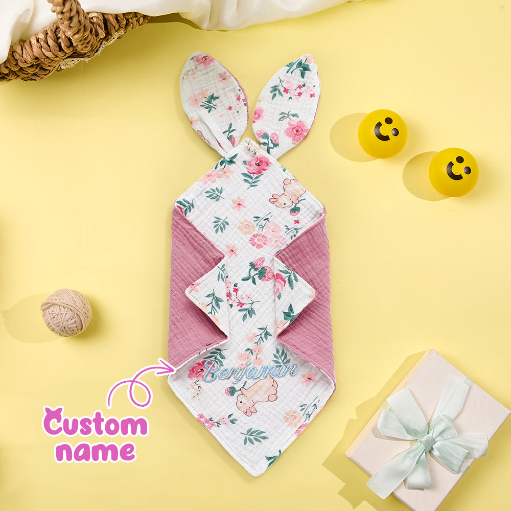 Floral-patterned bunny-shaped product with 'Custom name' text on a yellow background