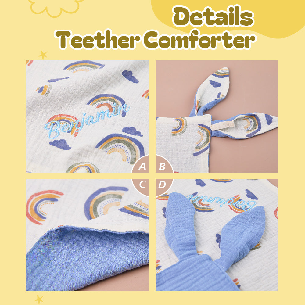 Collage of a teether comforter with rainbow patterns and text on a yellow background.