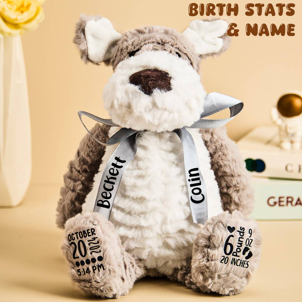 Plush dog toy with name ribbons and birth stats on a beige background