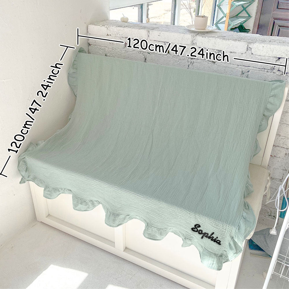 Light green fabric with ruffled edges draped over a white surface, with measurements and the name 'Sophia' displayed.