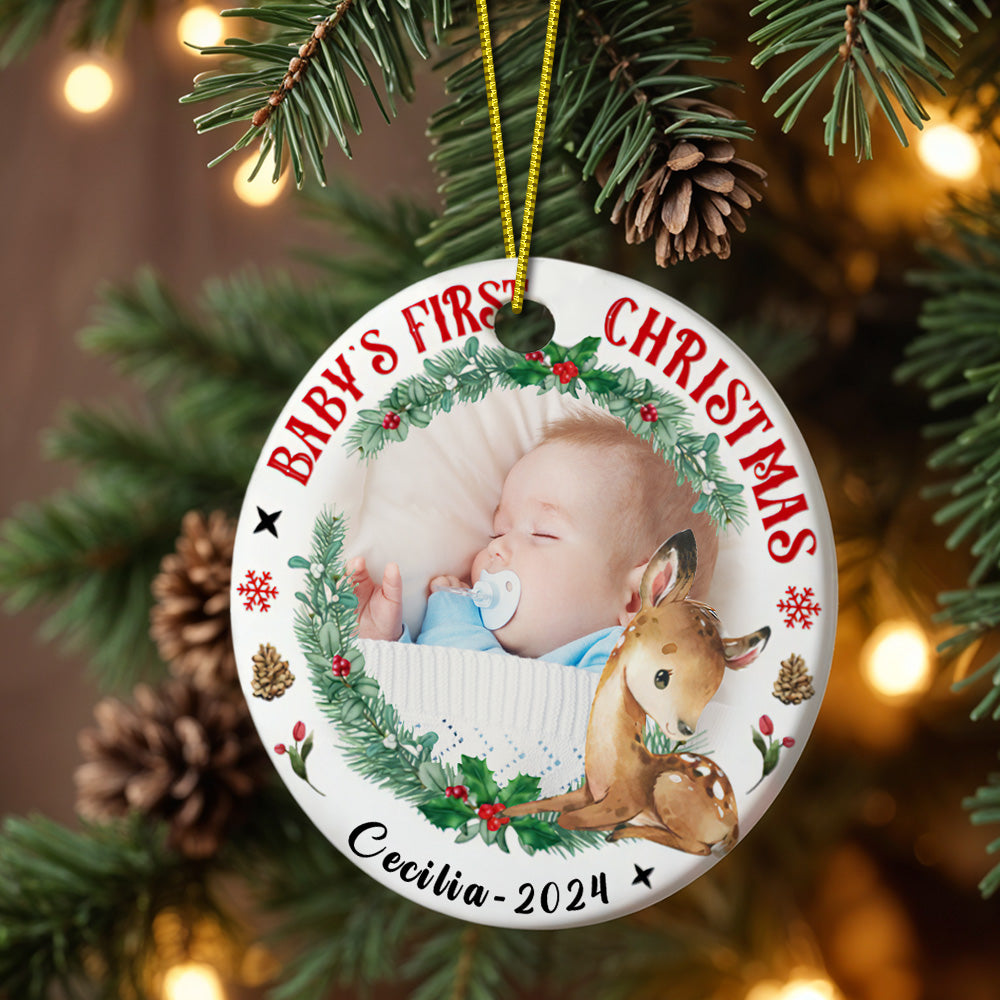 Personalised Baby's First Christmas Ornament with Photo & Name Ceramic