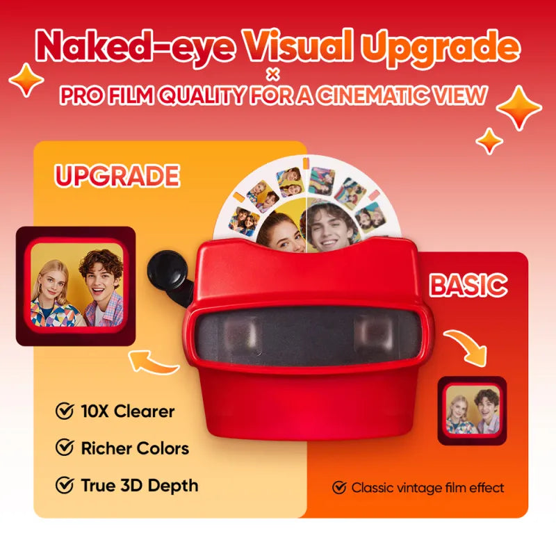 Red vintage-style film viewer with images of people on a red and yellow background, promoting 'Naked-eye Visual Upgrade' with text about film quality and effects.