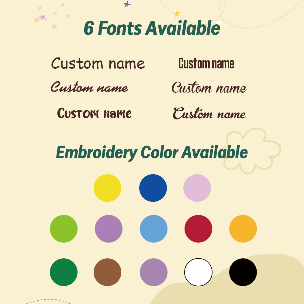Design customization options with fonts and embroidery color swatches on a beige background