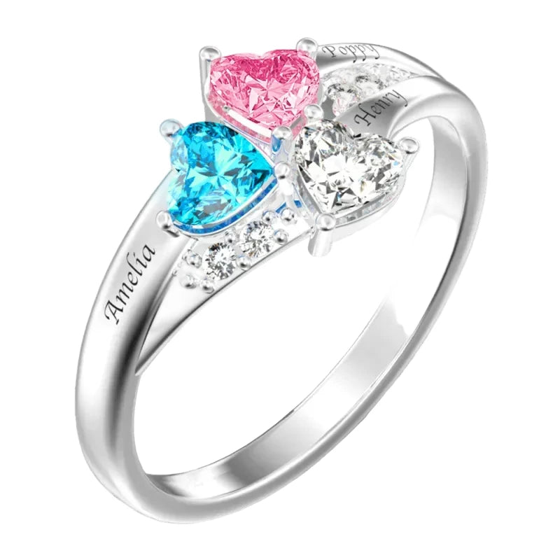 Personalised Heart Birthstone Ring with Engraved Names