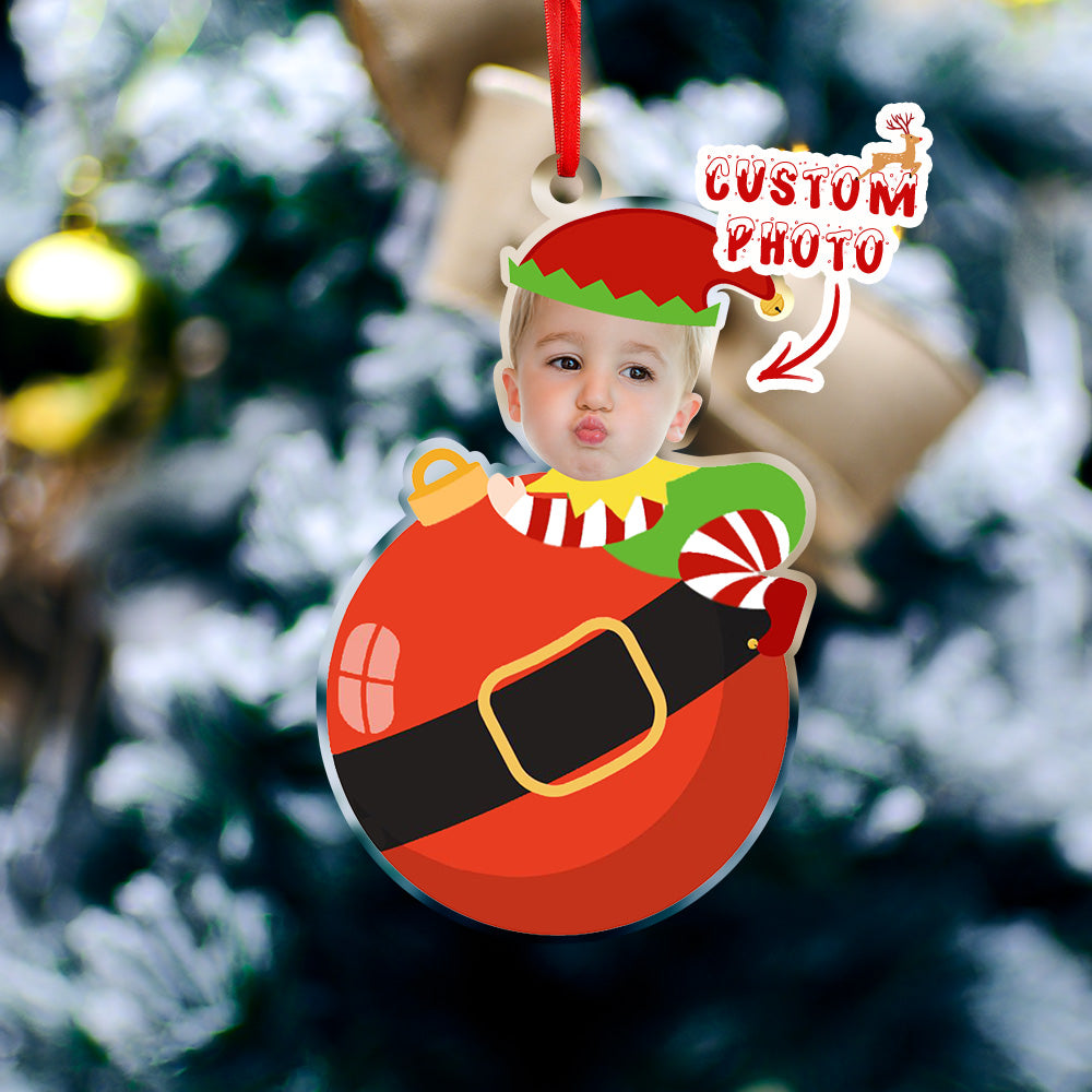 Personalised Cute Baby Elf Ornament with Baby Photo First Christmas