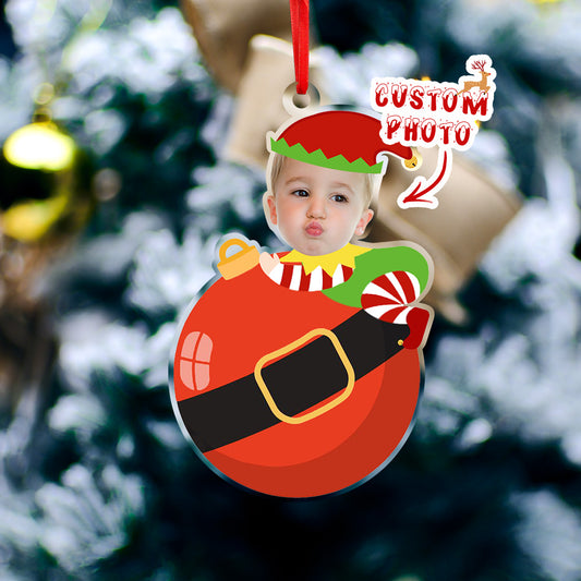 Personalised Cute Baby Elf Ornament with Baby Photo First Christmas