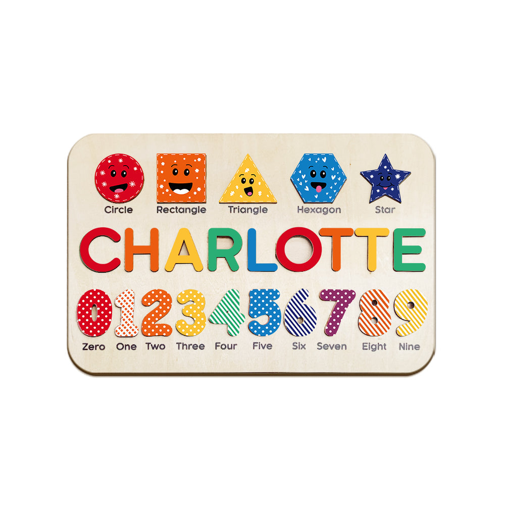 Wooden educational toy with colorful shapes and numbers on a white background