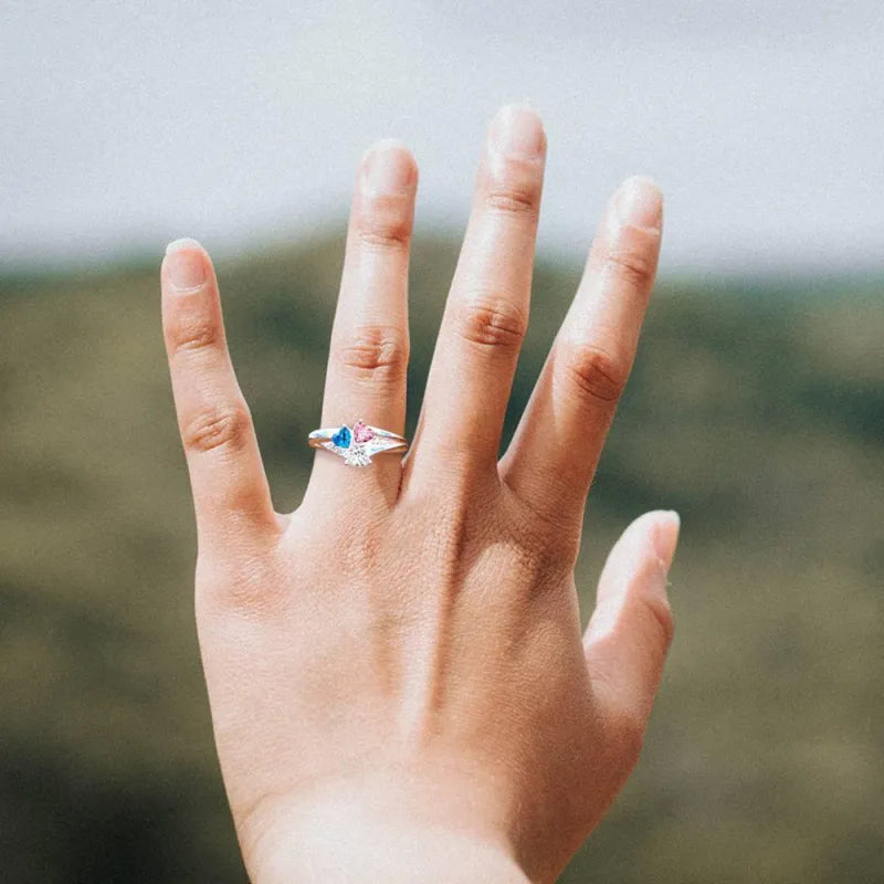 Personalised Heart Birthstone Ring with Engraved Names