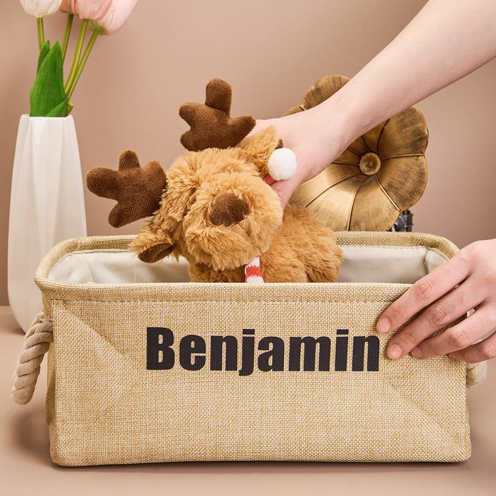 Plush reindeer toy in a basket labeled 'Benjamin' with a hand holding it, on a beige background.