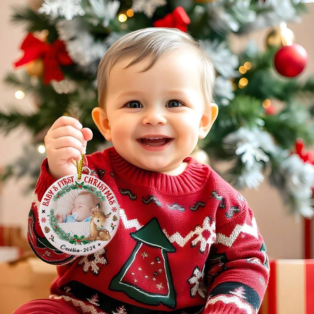 Personalised Baby's First Christmas Ornament with Photo & Name Ceramic