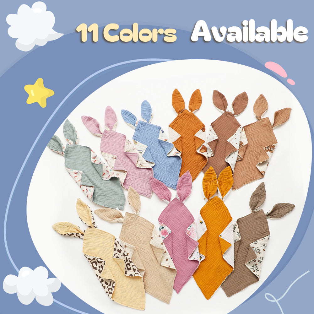Collection of colorful fabric bunny ears with '11 Colors Available' text on a blue background.