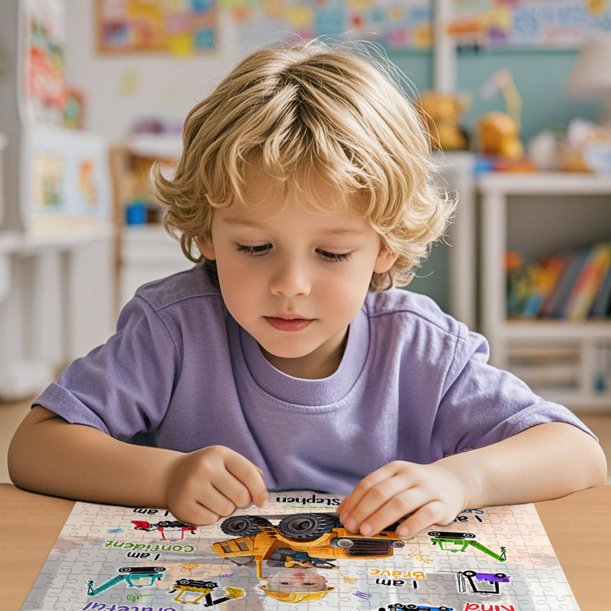 A young child with blonde curly hair wearing a lavender t-shirt is sitting at a table, focused on assembling a toy construction vehicle on a colorful instruction sheet in a bright, softly blurred playroom.