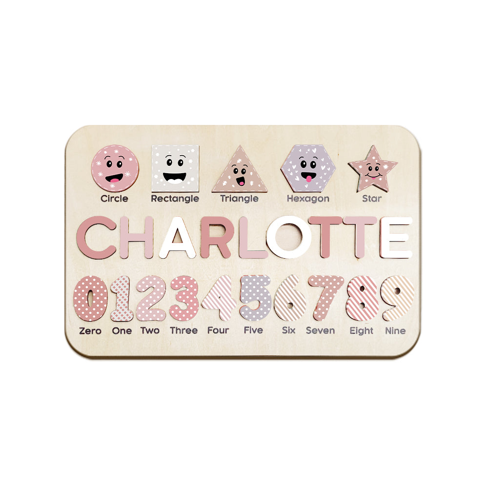 Colorful educational toy with shapes and numbers on a beige background