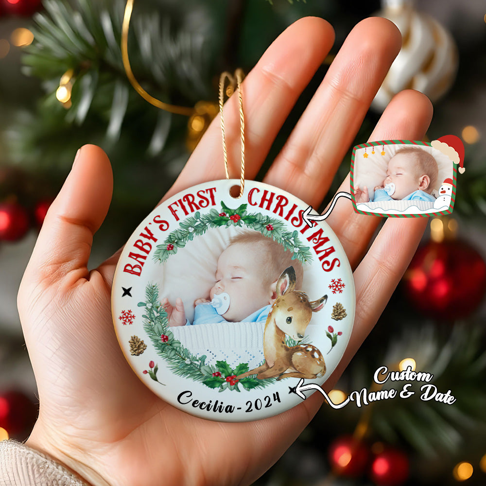 Personalised Baby's First Christmas Ornament with Photo & Name Ceramic