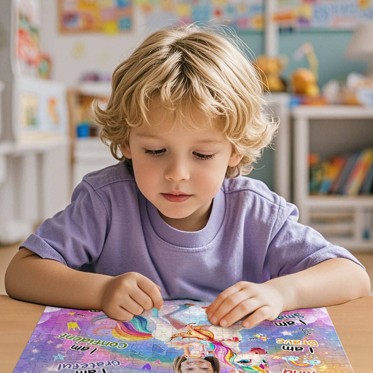 A young child with blonde curly hair wearing a lavender-purple t-shirt is sitting at a wooden table, looking down at a colorful printed puzzle or activity sheet. The background shows a softly blurred, bright children's room with shelves and toys.