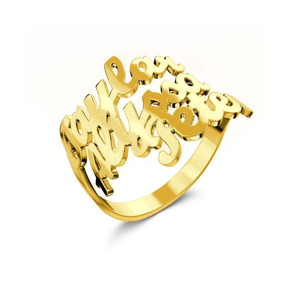 Gold ring with cut-out lettering on a black background