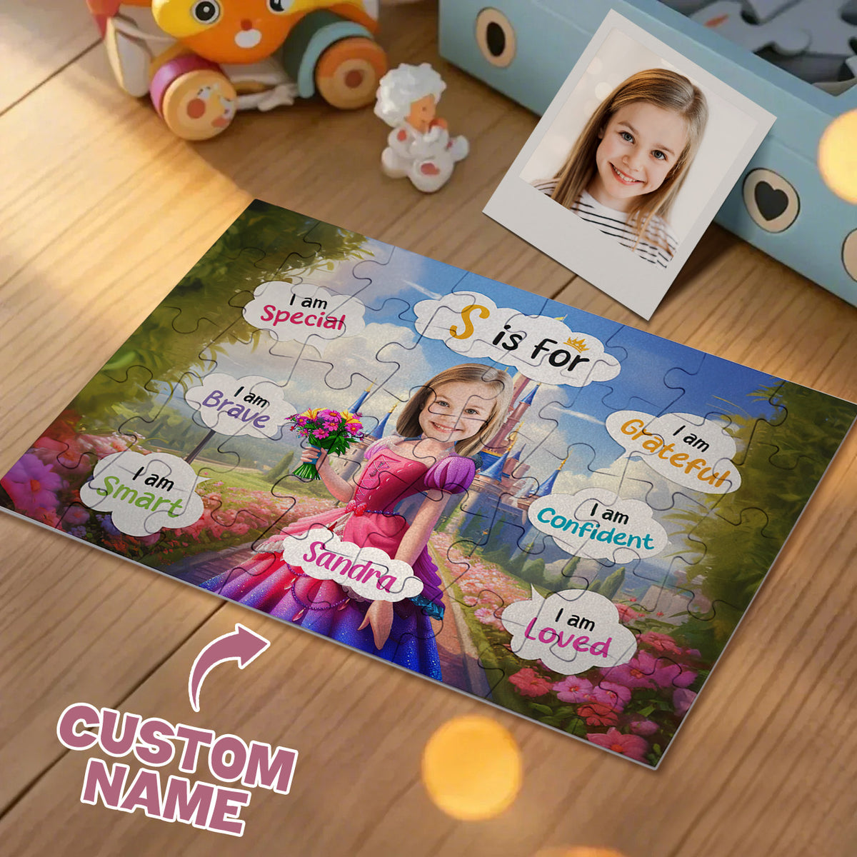 A custom printed jigsaw puzzle featuring a young girl in a pink dress on a colorful garden path, with speech bubbles containing positive phrases like 'I am Special!' and 'I am Brave'. The puzzle is displayed on a wooden surface next to a photo of a child, a toy, and a blue box, with a 'CUSTOM NAME' text overlay.