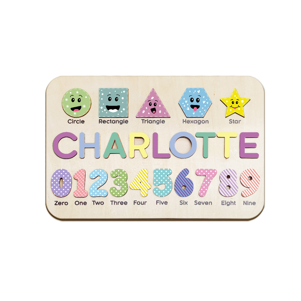Wooden educational toy with colorful shapes and letters on a white background