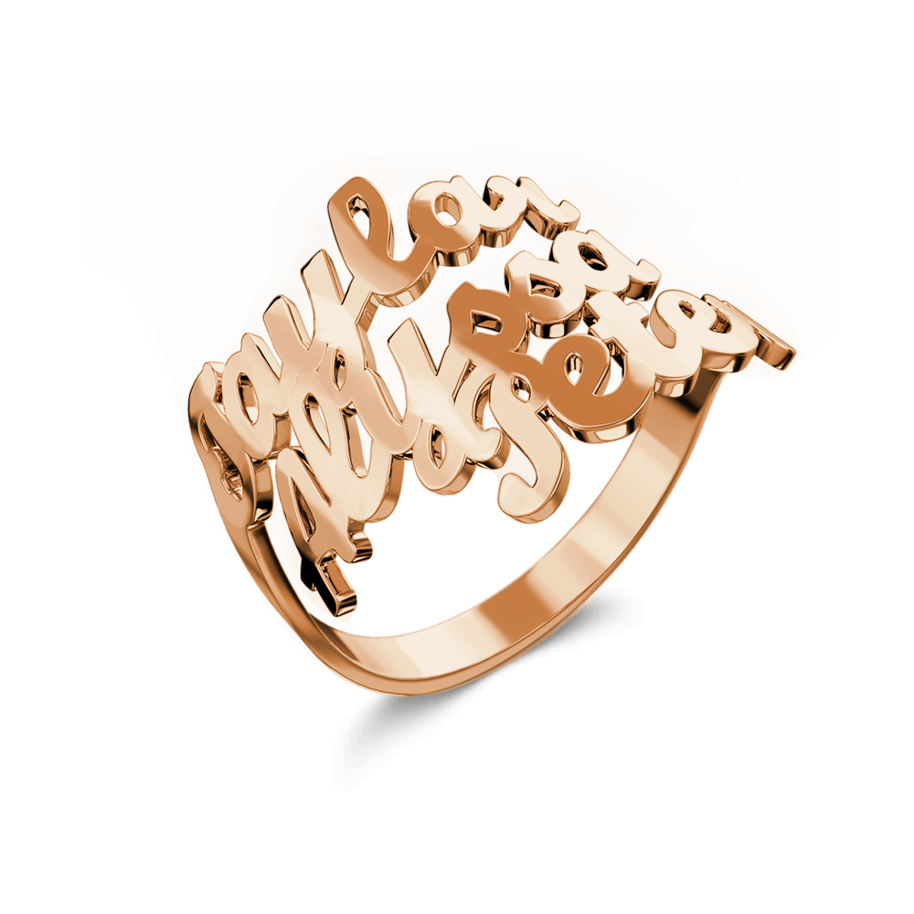 Rose gold ring with 'Don't stop believing' engraving on a white background