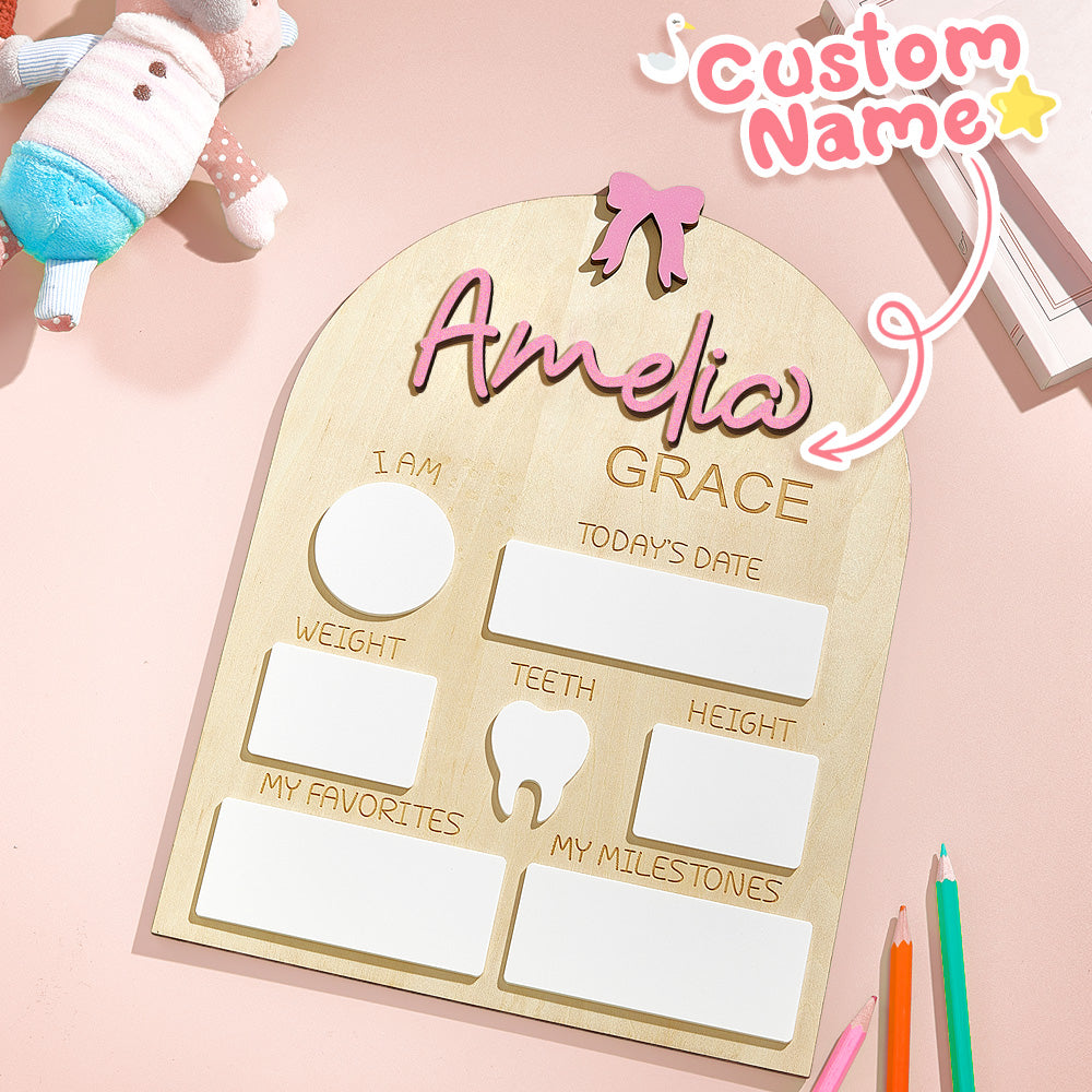 Baby milestone chart with 'Amelia Grace' on a pink background