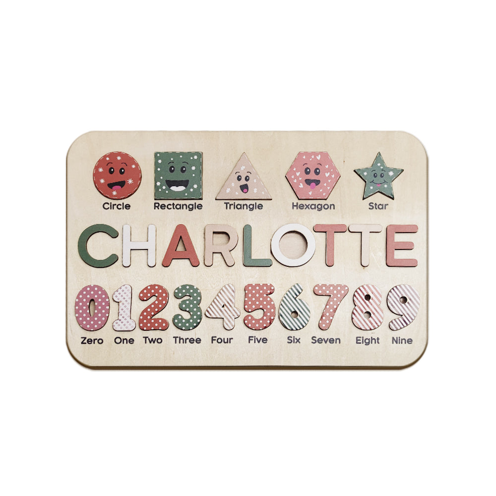 Wooden educational toy with shapes and numbers on a white background
