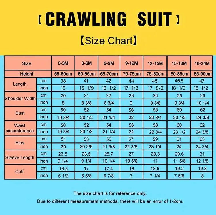Size chart for a 'Crawling Suit' with measurements in centimeters and inches on a yellow and blue background.