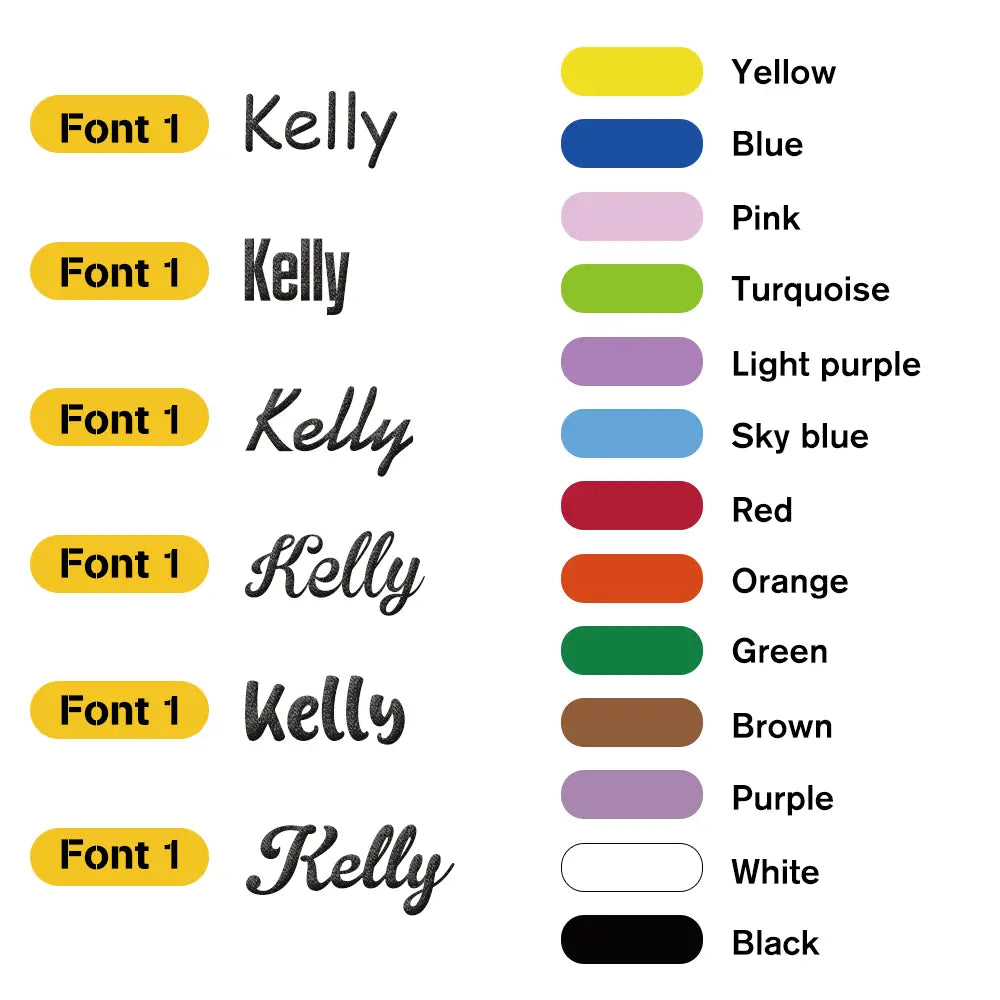 Color swatches with 'Kelly' text in various fonts and colors on a white background