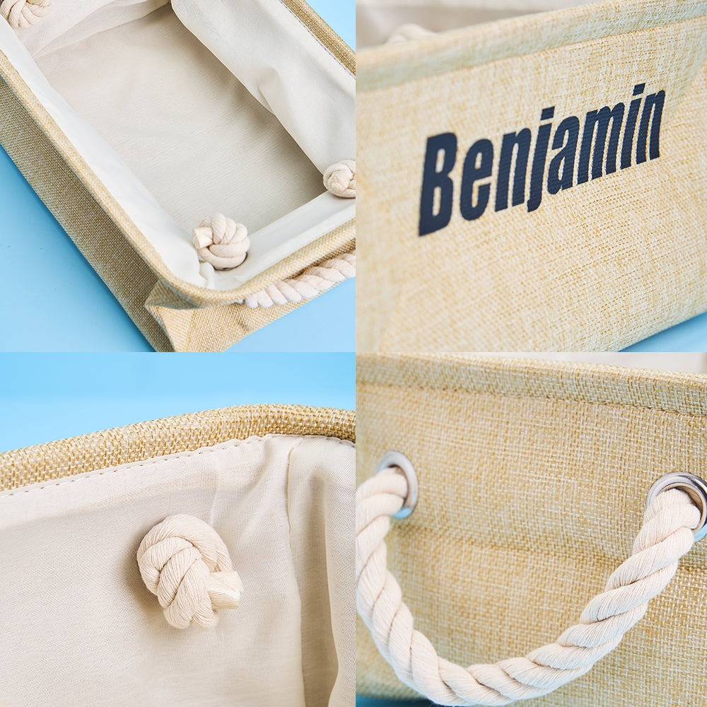 Collage of a beige storage basket with rope handle and interior, featuring the name 'Benjamin'.