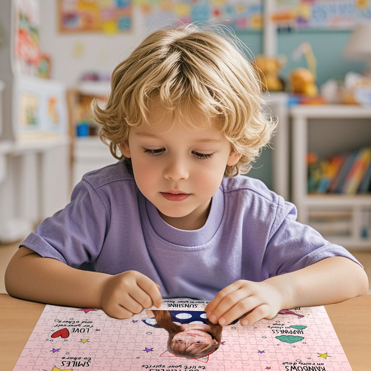 A young child with curly blonde hair sits at a table, carefully placing a photo cutout onto a pink jigsaw puzzle in a brightly lit room.