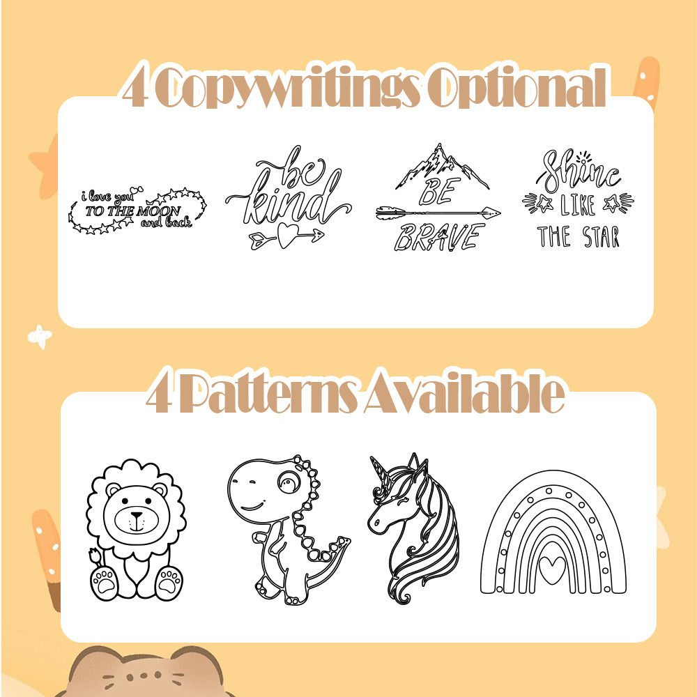 Set of customizable stencils with motivational phrases and illustrations on a yellow background.