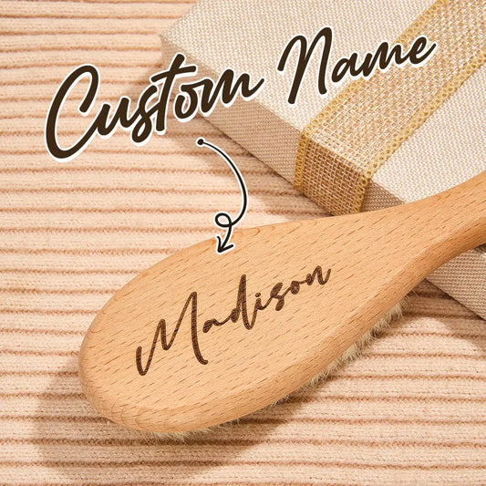 Wooden spoon with engraved name 'Madison' on a textured beige background