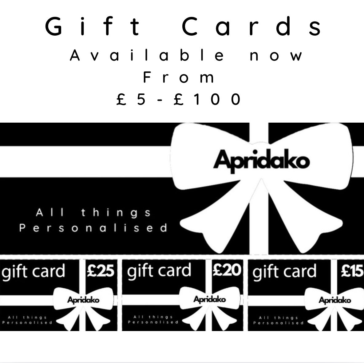 Advertisement for Apridako gift cards with a black and white design and bow graphic.