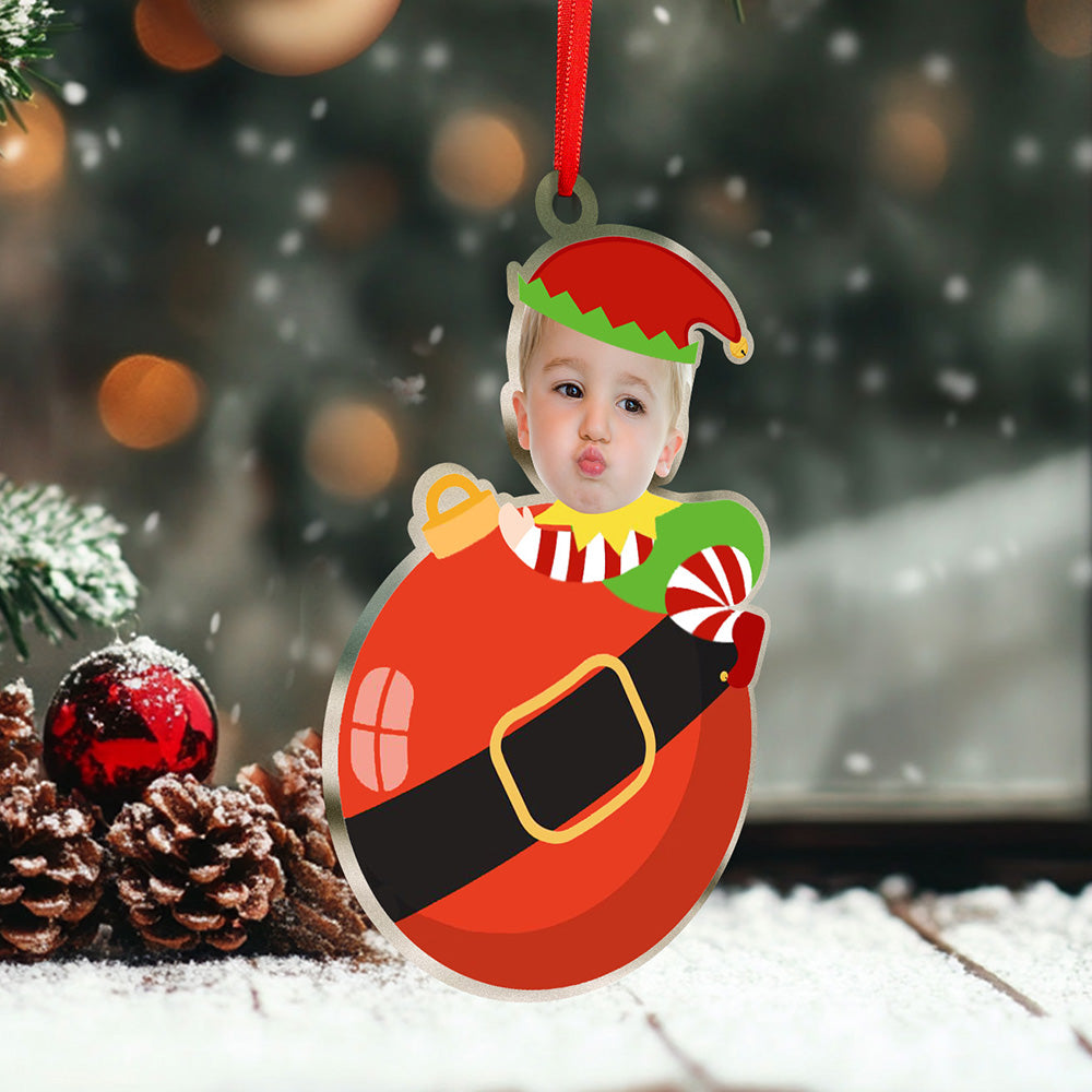 Personalised Cute Baby Elf Ornament with Baby Photo First Christmas