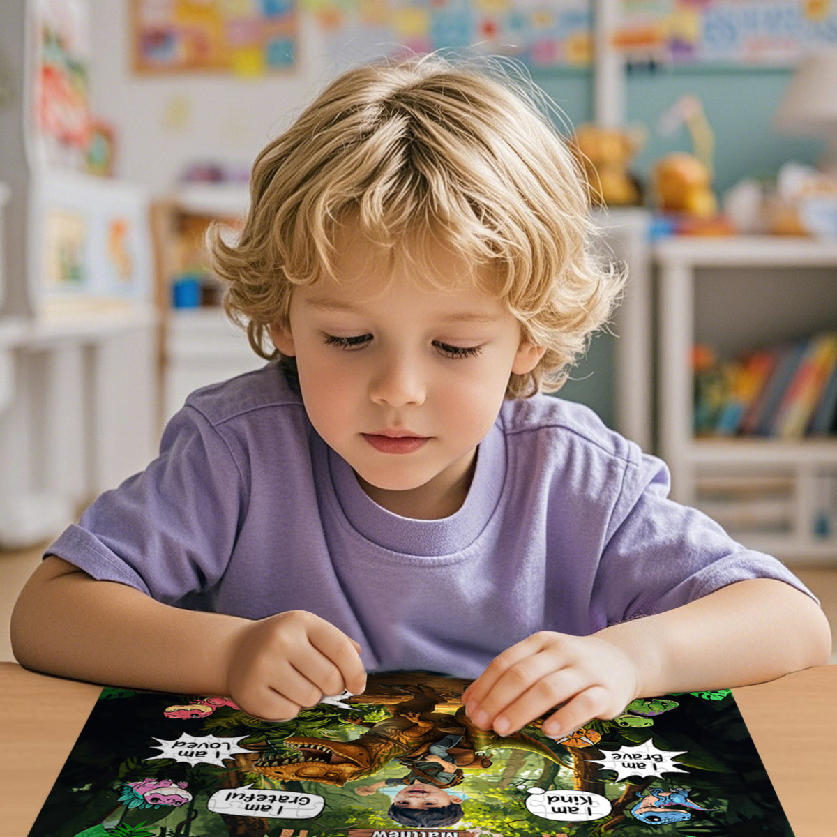 A young child with blonde curly hair wearing a lavender t-shirt sits at a table, looking down at a colorful educational poster or puzzle about animals.