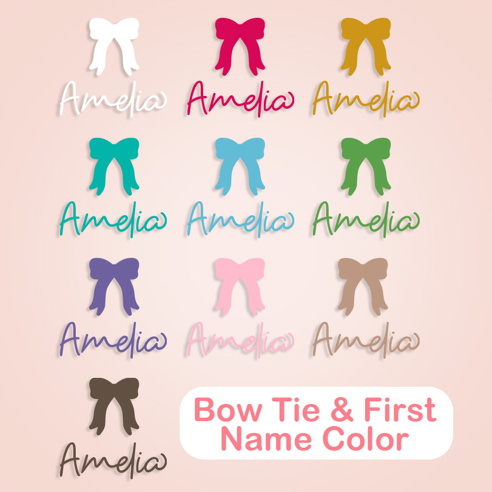 Color swatches of bow ties with the name 'Amelia' in various colors on a pink background.