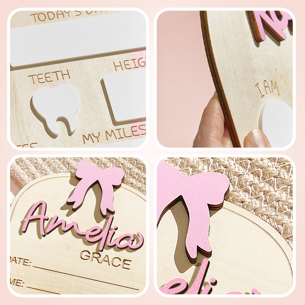 Collage of wooden baby milestone cards with decorative elements and text.