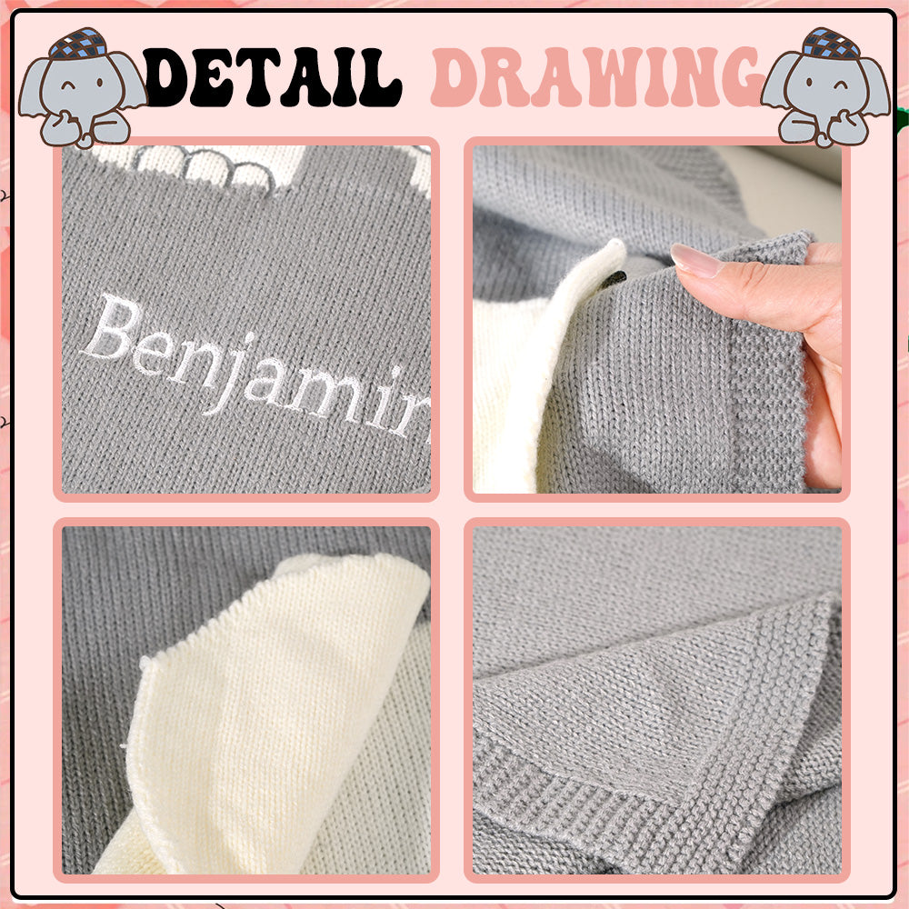 Gray knitted blanket with 'Benjamin' embroidery, shown from different angles.