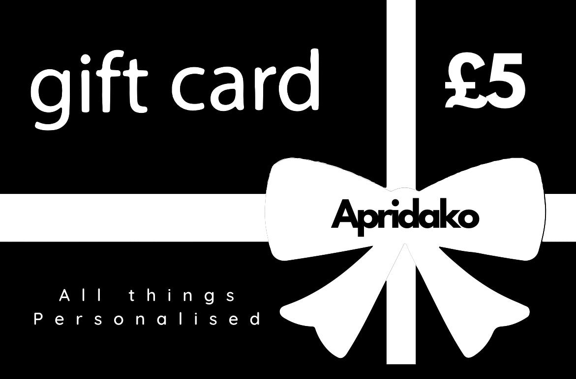 Gift card with a white bow and 'Apridako' branding on a black background
