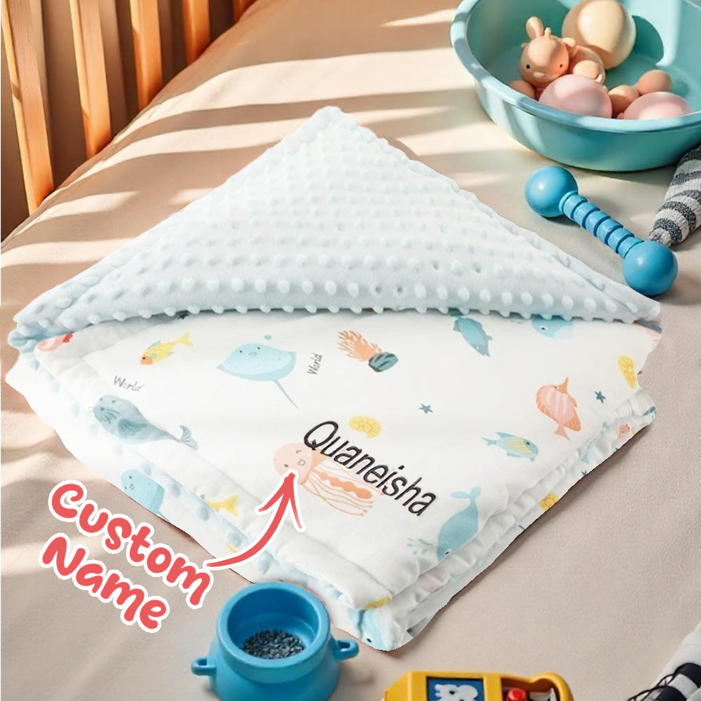 Children's pillow with cartoon patterns on a bed with toys around