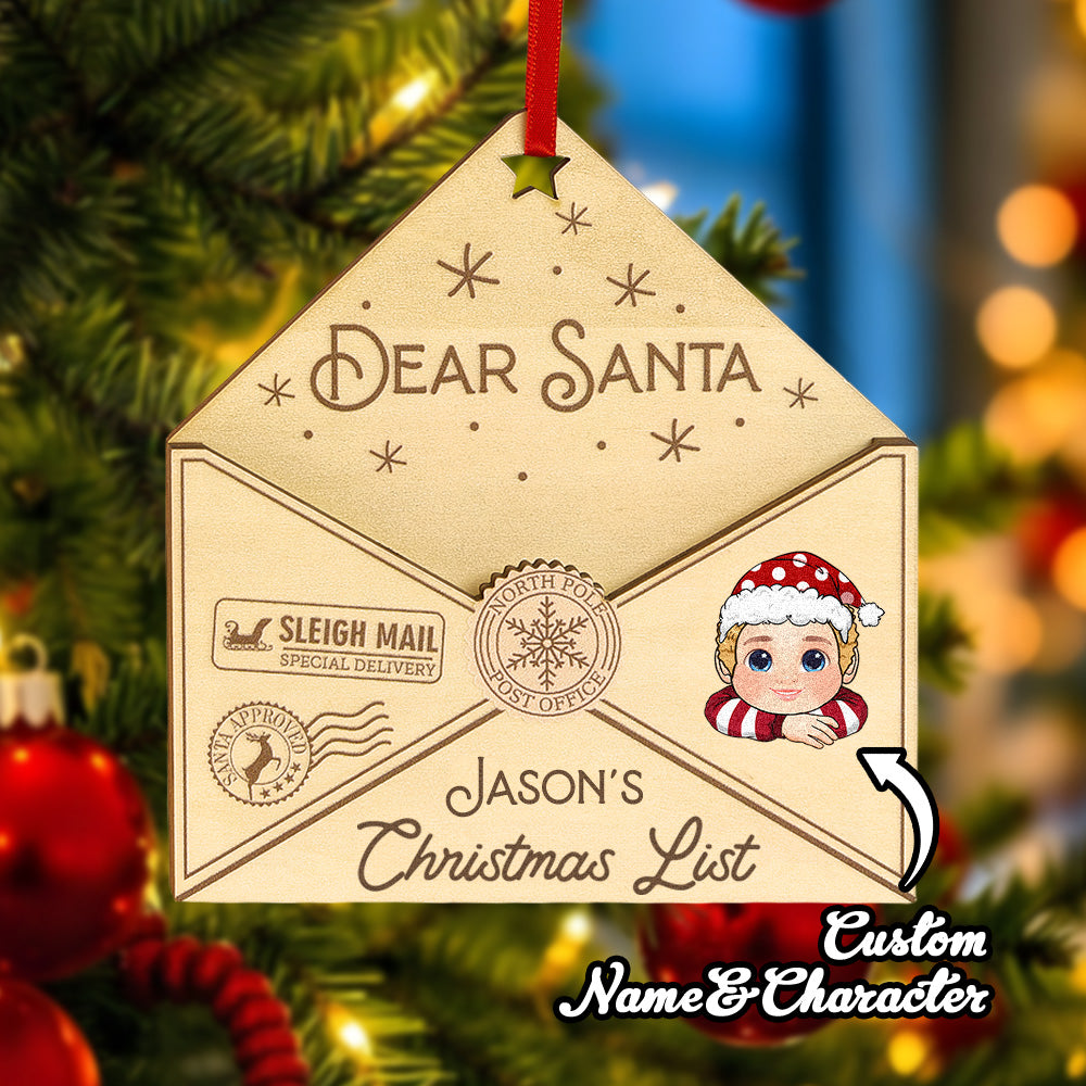 Personalized 'Dear Santa' Christmas list ornament with a child's face on a decorated tree.