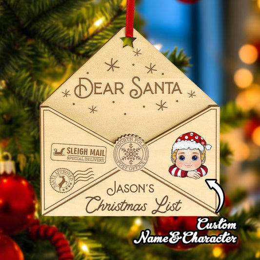 Personalized 'Dear Santa' Christmas list ornament with a child's face on a decorated tree.