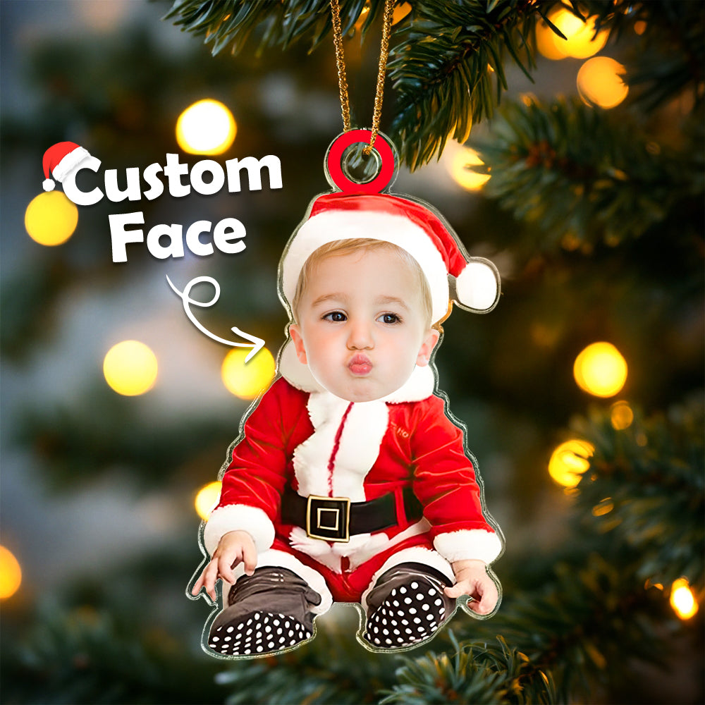 Child in Santa outfit on a Christmas tree with 'Custom Face' text overlay.