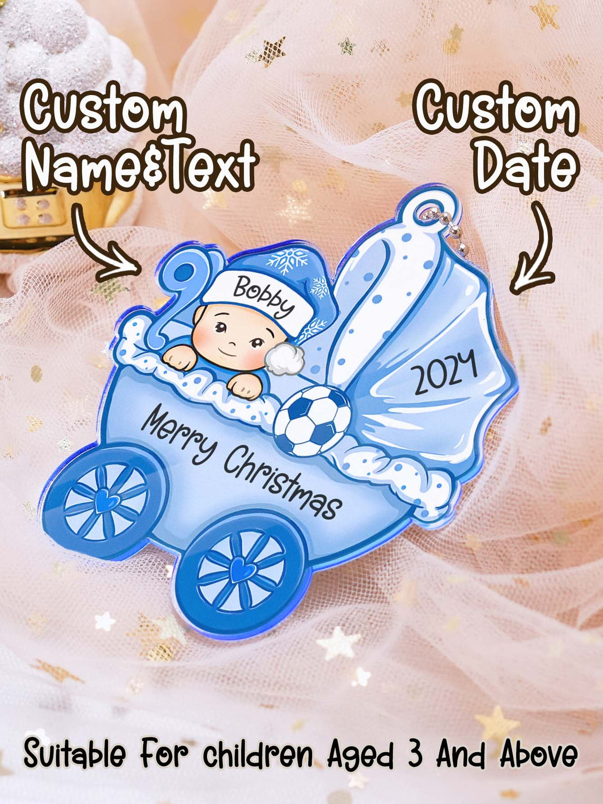 Decorative Christmas ornament with a baby in a blue stroller, customizable text and date, suitable for children aged 3 and above.