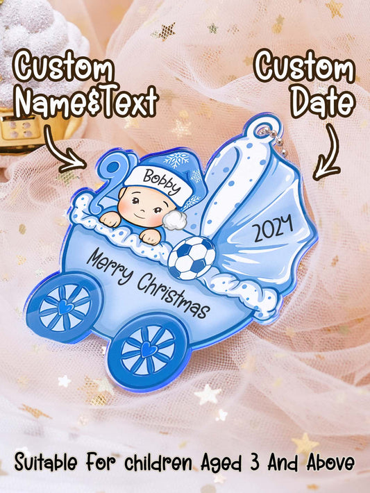 Decorative Christmas ornament with a baby in a blue stroller, customizable text and date, suitable for children aged 3 and above.