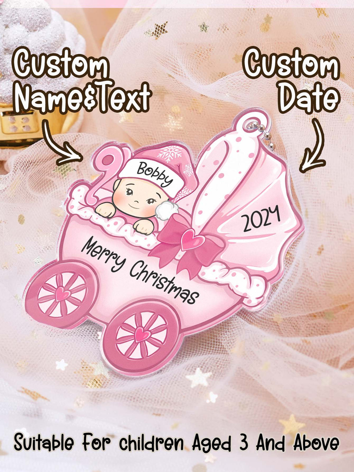 Pink baby carriage ornament with baby illustration, customizable text and date on a soft pink background.