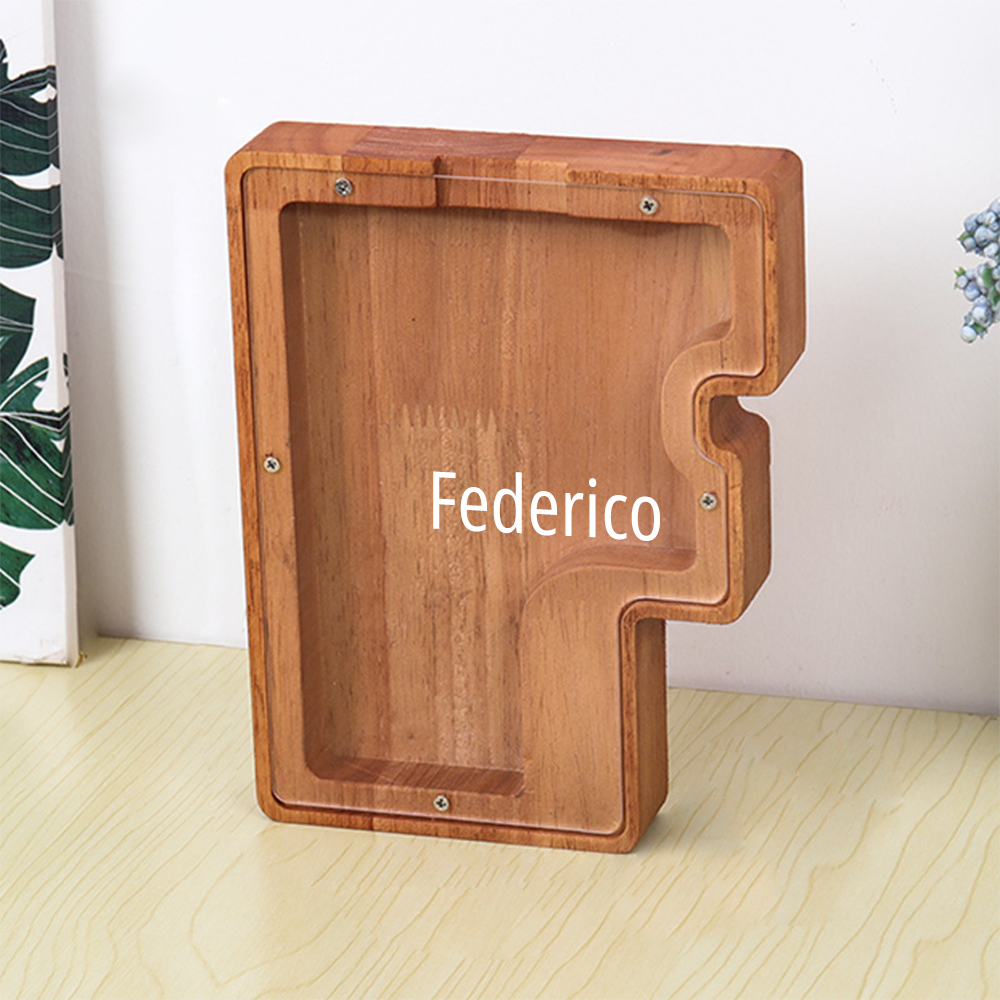 Wooden box with 'Federico' branding on a light wooden floor.