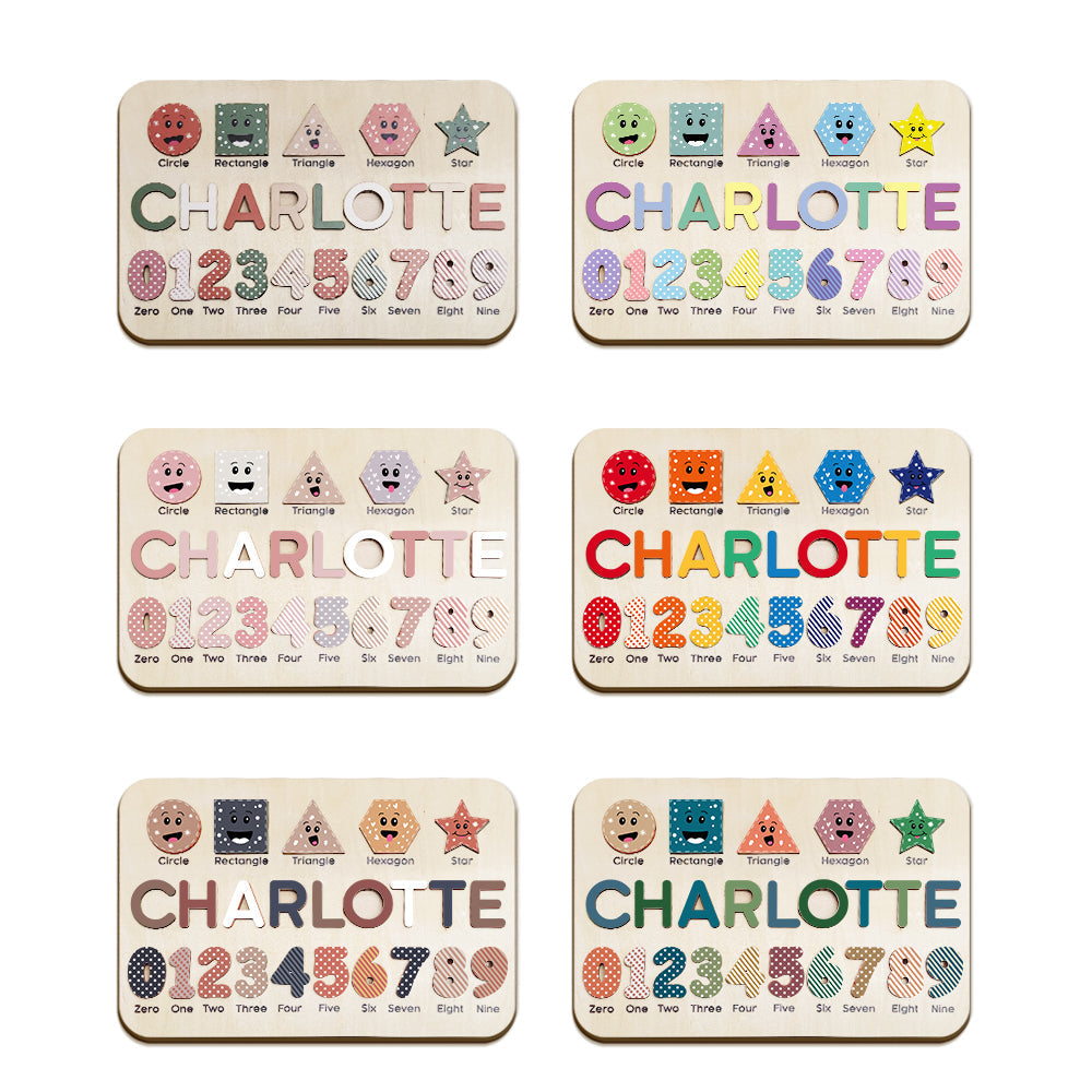 Set of five educational children's name boards with numbers and shapes on a white background